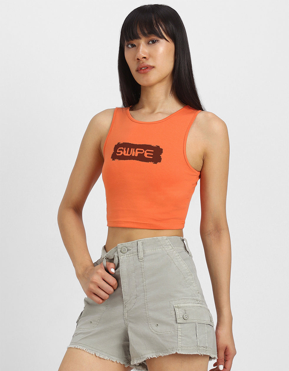 Orange Graphic Printed Round Neck Cropped Tank Top
