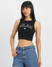 Black Graphic Printed Round Neck Cropped Tank Top
