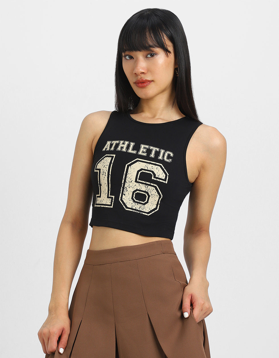 Black Graphic Printed Square Neck Cropped Tank Top