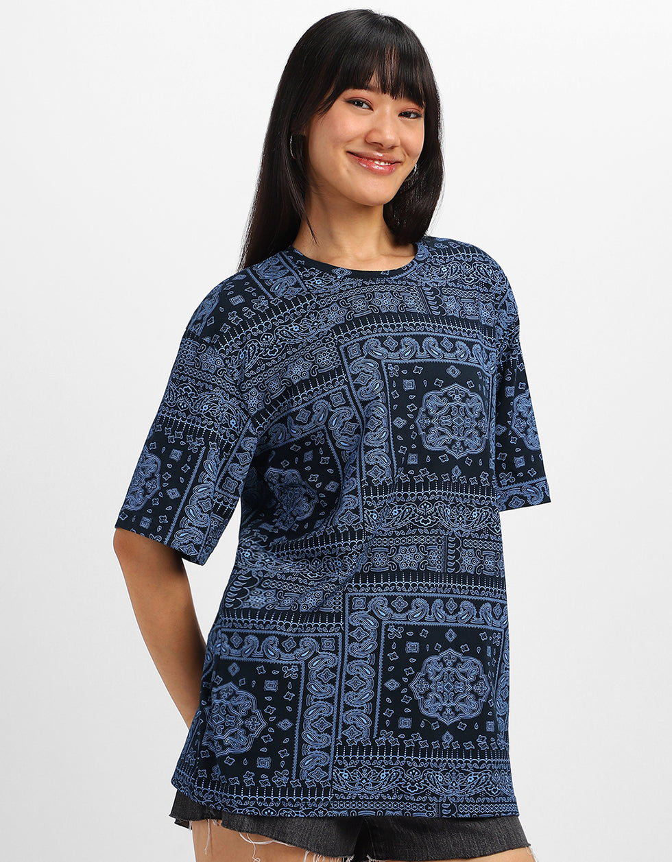Paisley Printed Navy Oversized T-shirt