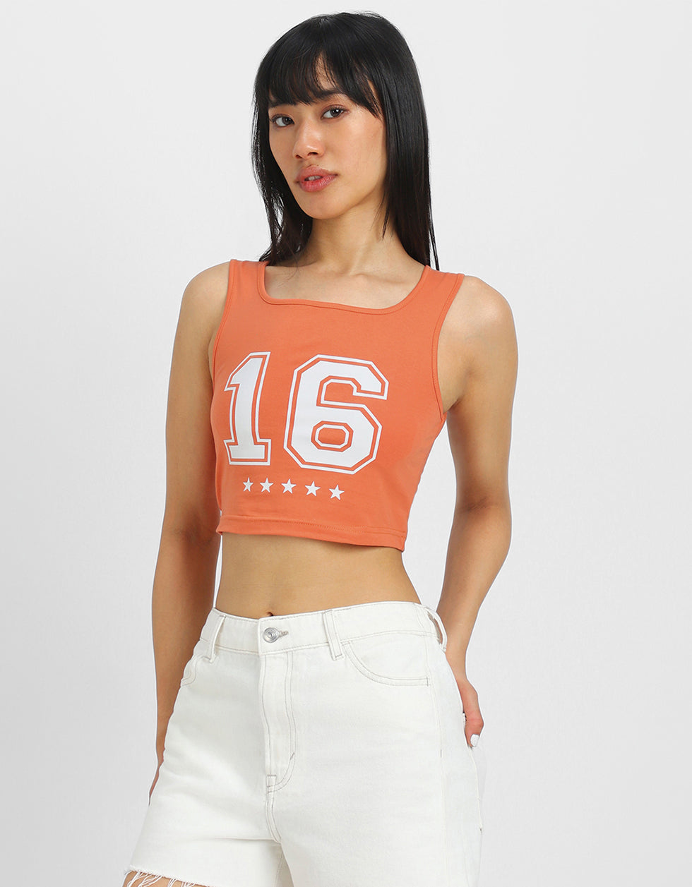 Orange Graphic Printed Square Neck Cropped Tank Top