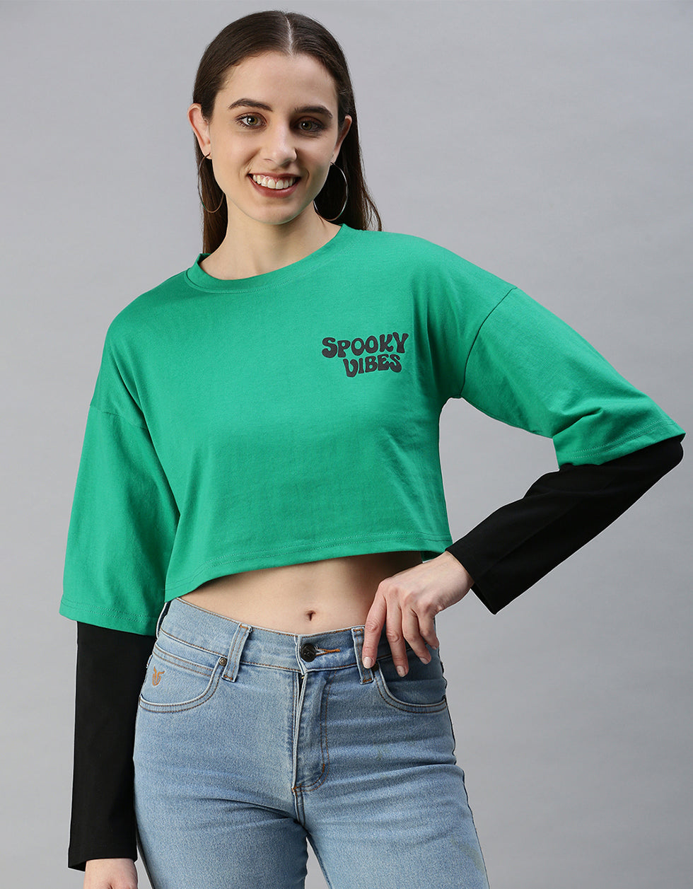 Spooky Vibes Green Typographic Printed Regular Fit Crop Top