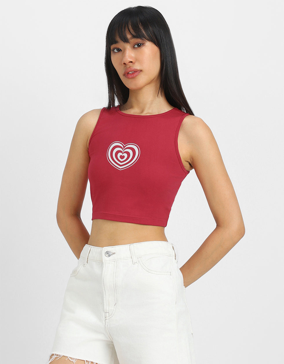 Red Graphic Printed Round Neck Cropped Tank Top