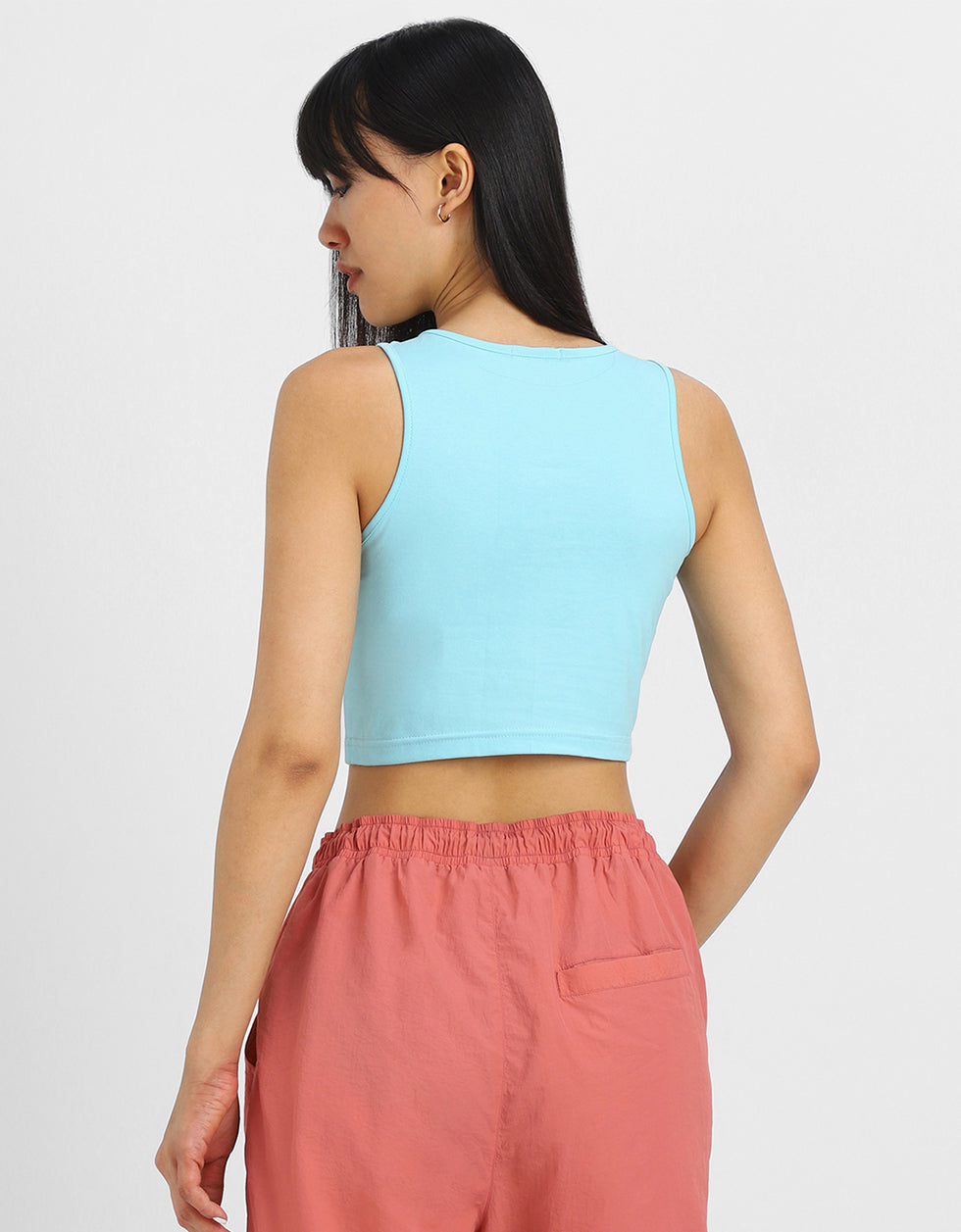 Blue Graphic Printed Round Neck Cropped Tank Top