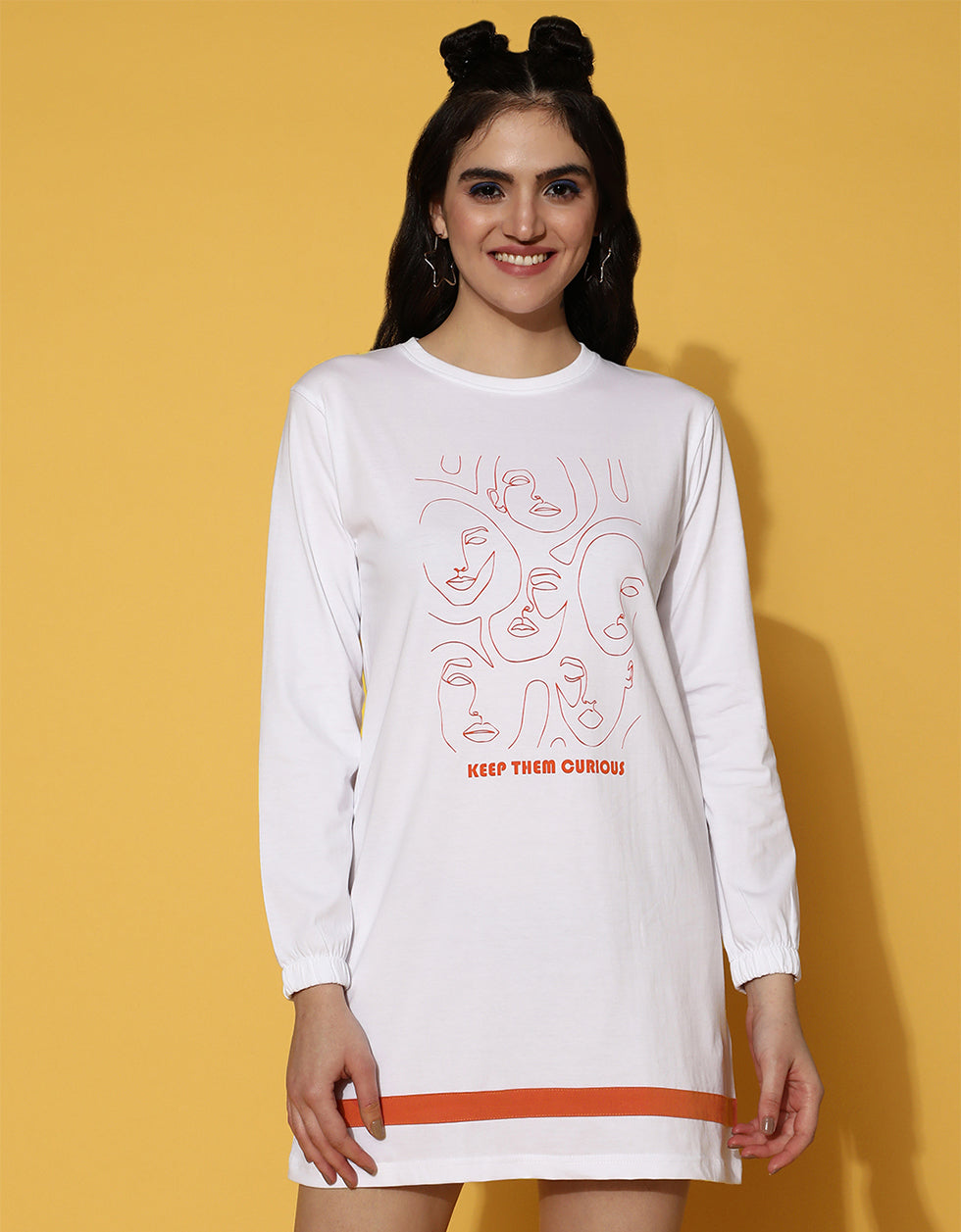 No Guessing Printed Ribbed Full Sleeve Round Neck White T-shirt Dress