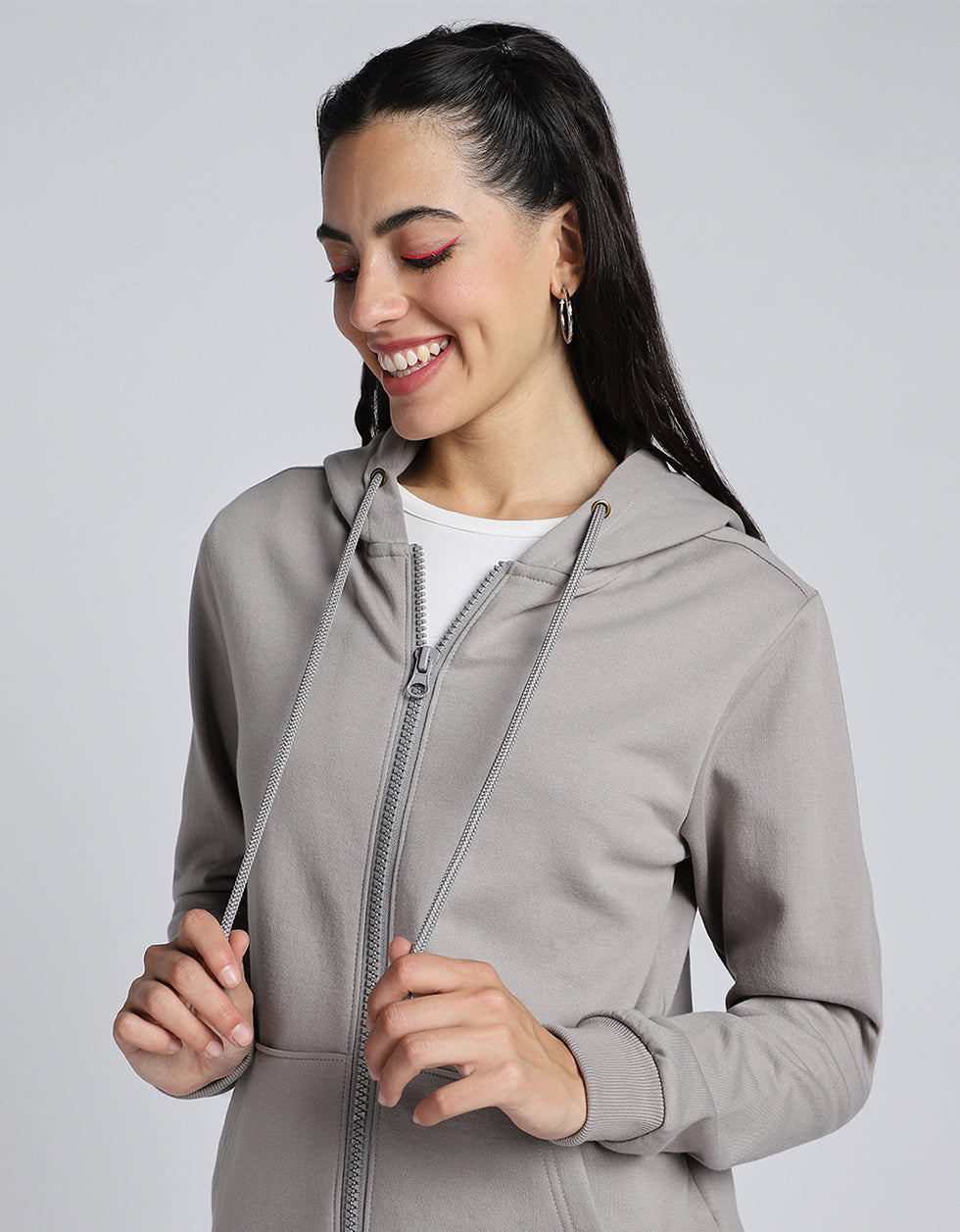 Plain Hooded Regular Fit Grey Zipper Jacket