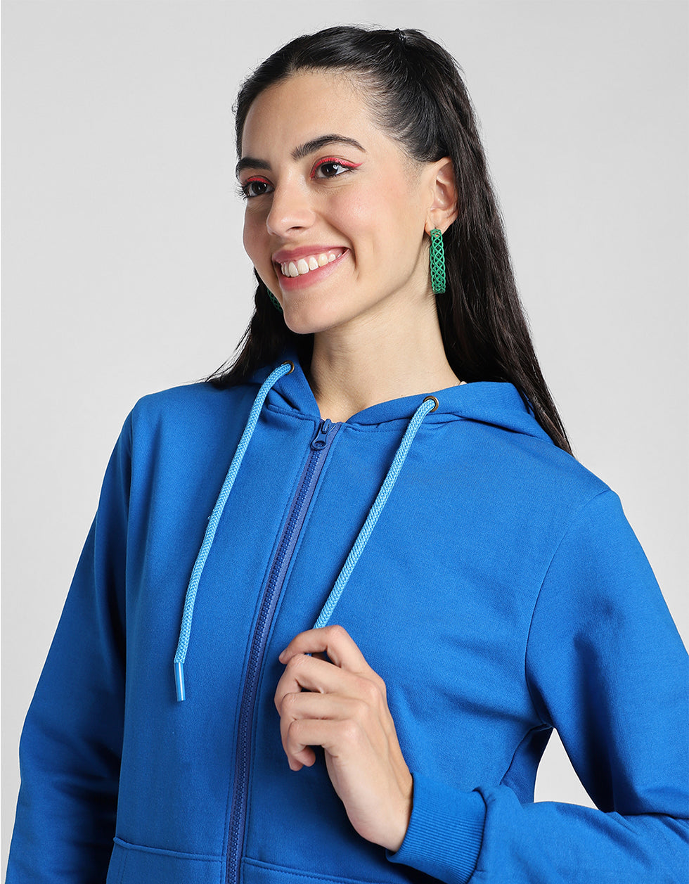 Plain Regular Fit Blue Zipper Jacket