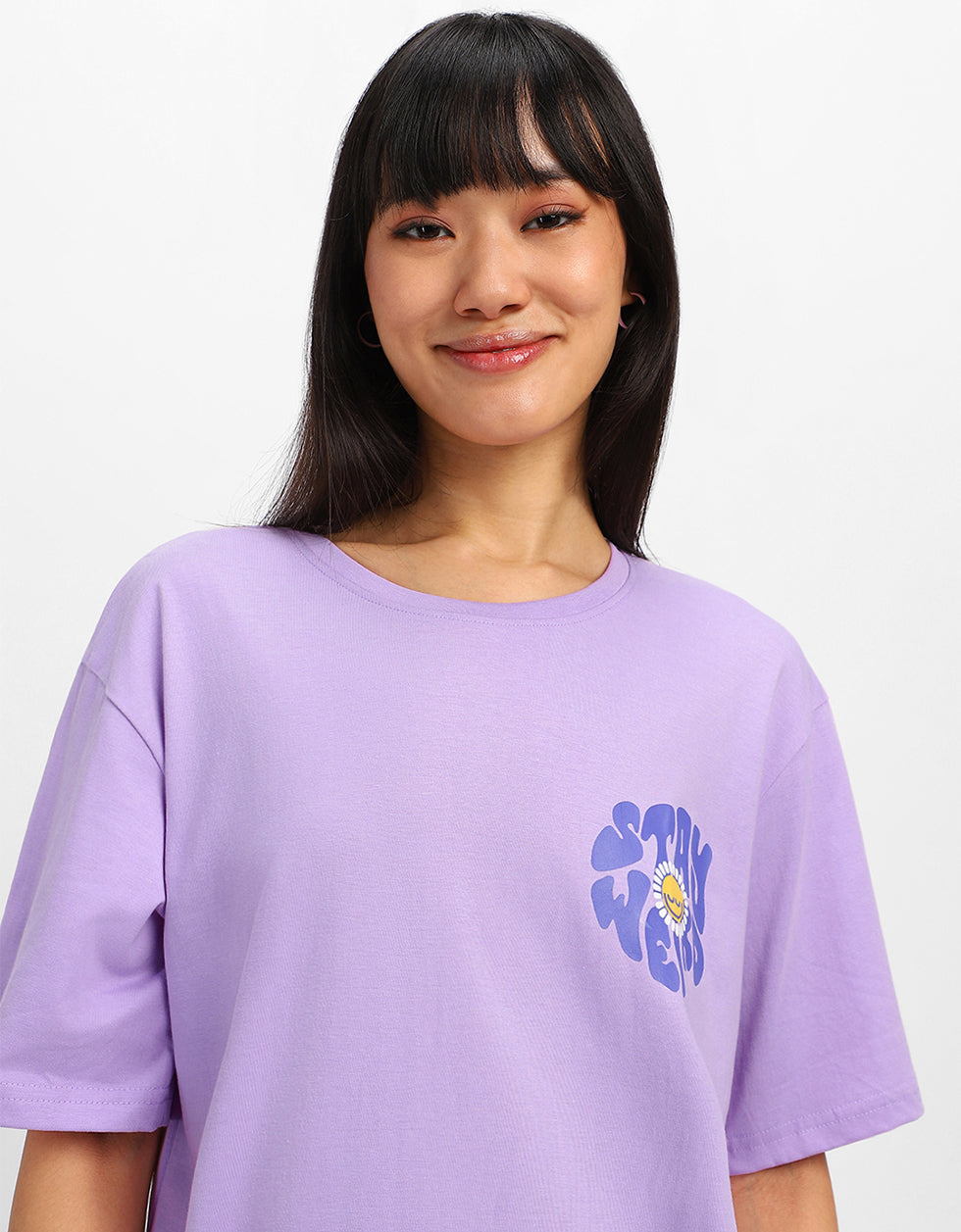 Stay Weird Graphic Printed Lilac Oversized T-Shirt