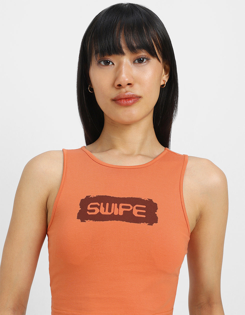 Orange Graphic Printed Round Neck Cropped Tank Top
