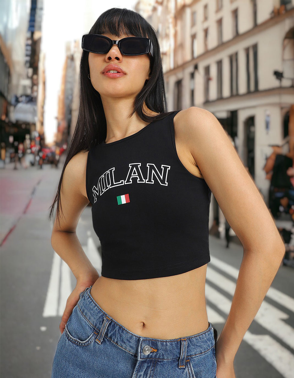 Black Graphic Printed Round Neck Cropped Tank Top