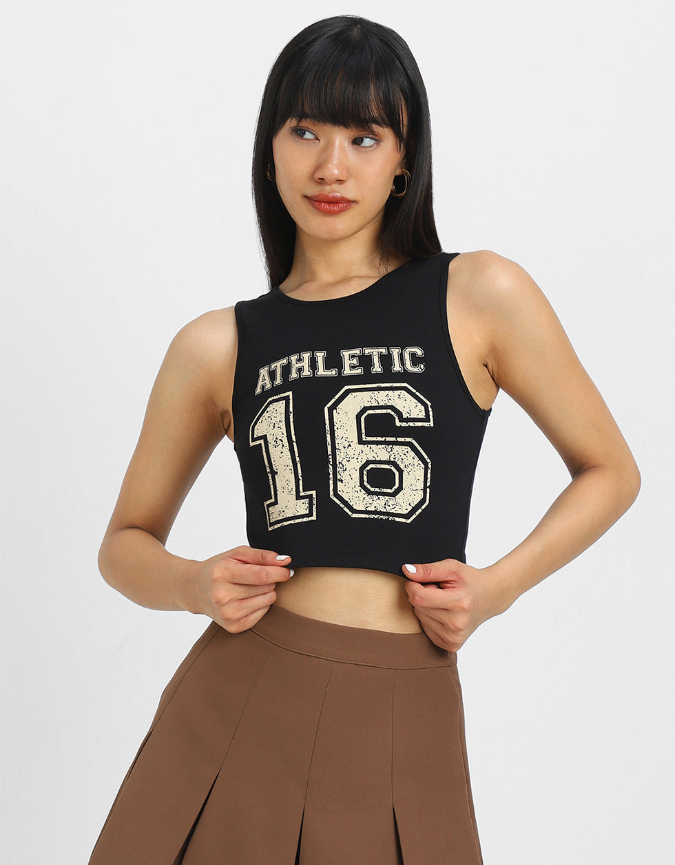 Black Graphic Printed Square Neck Cropped Tank Top