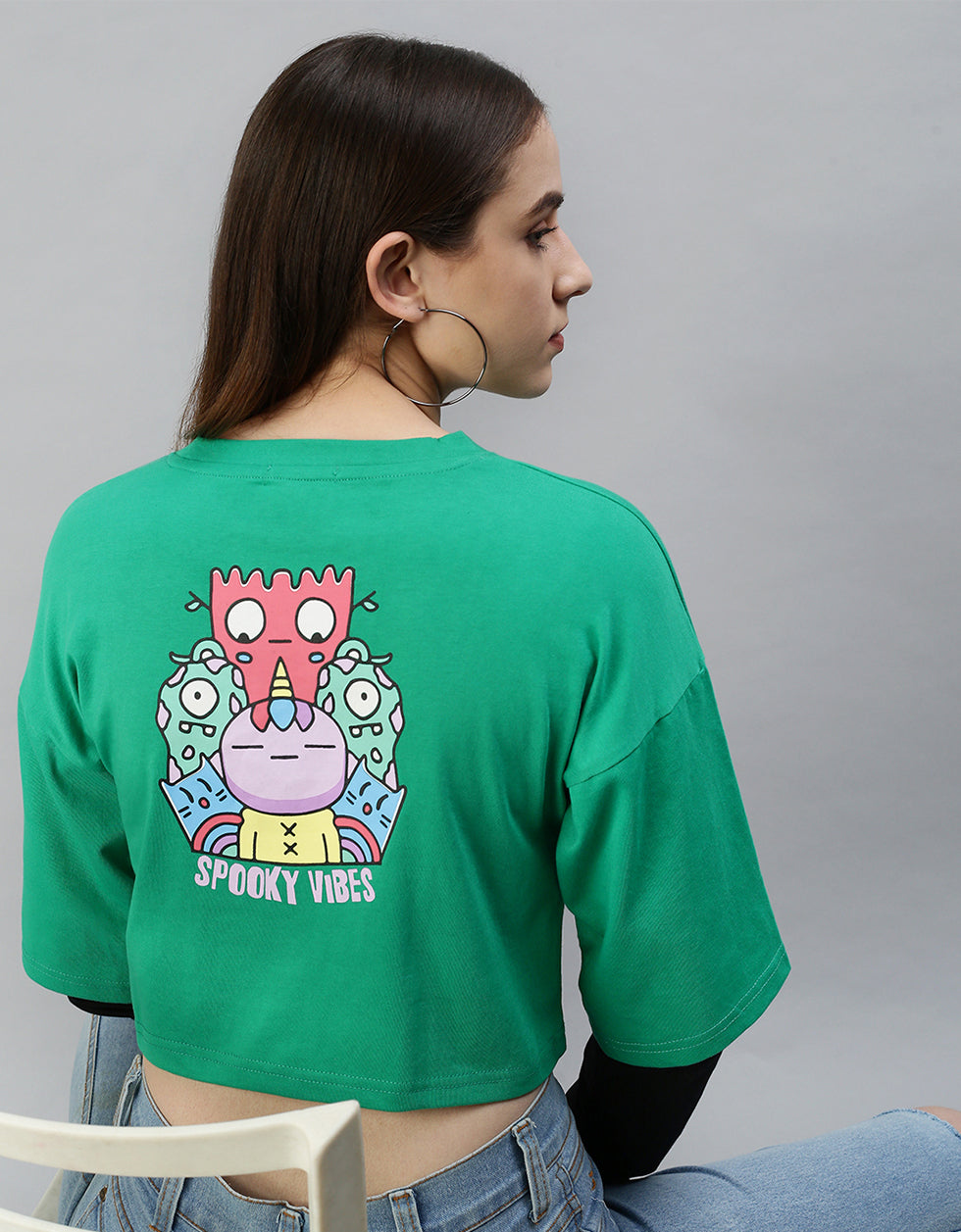 Spooky Vibes Green Typographic Printed Regular Fit Crop Top