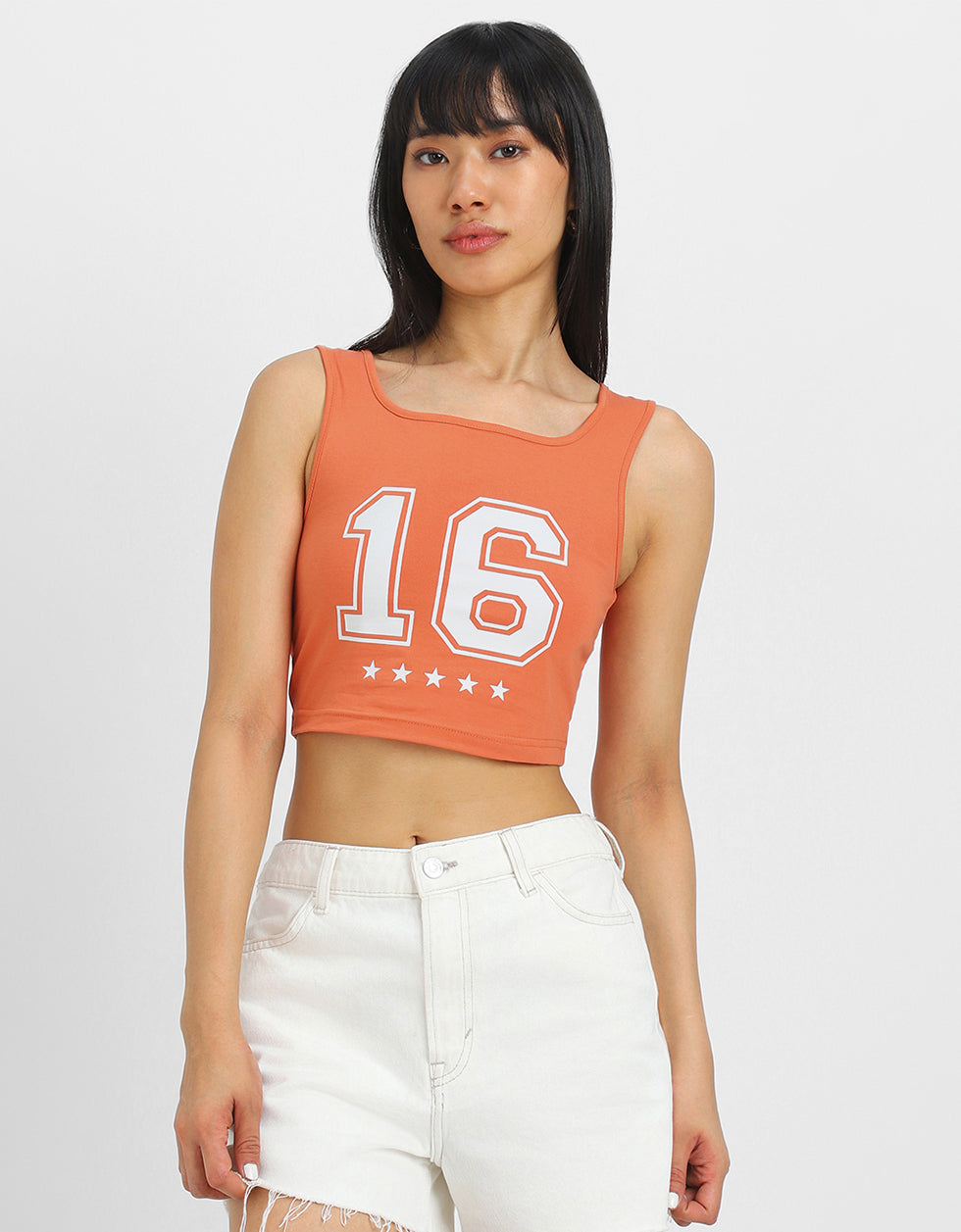 Orange Graphic Printed Square Neck Cropped Tank Top