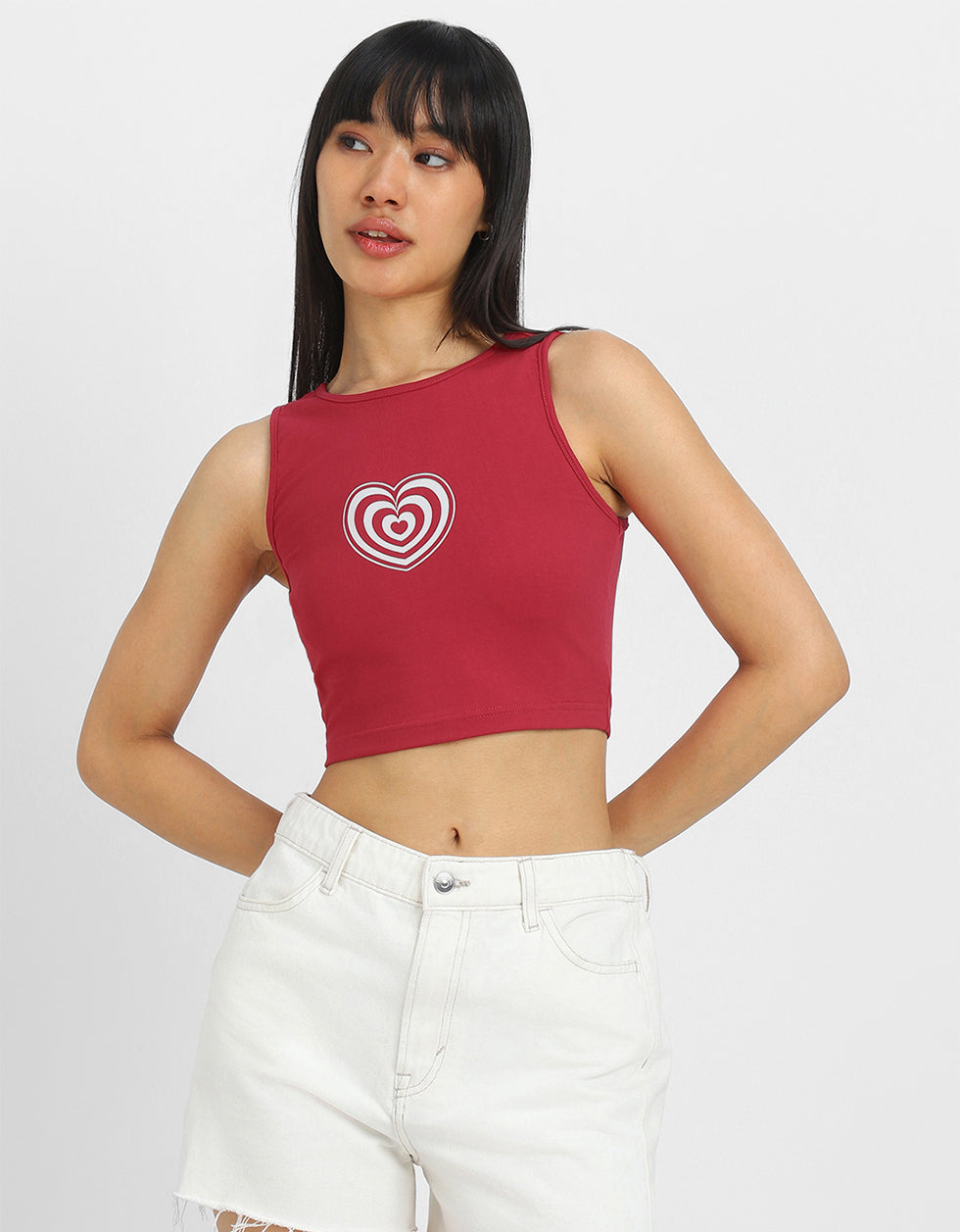 Red Graphic Printed Round Neck Cropped Tank Top