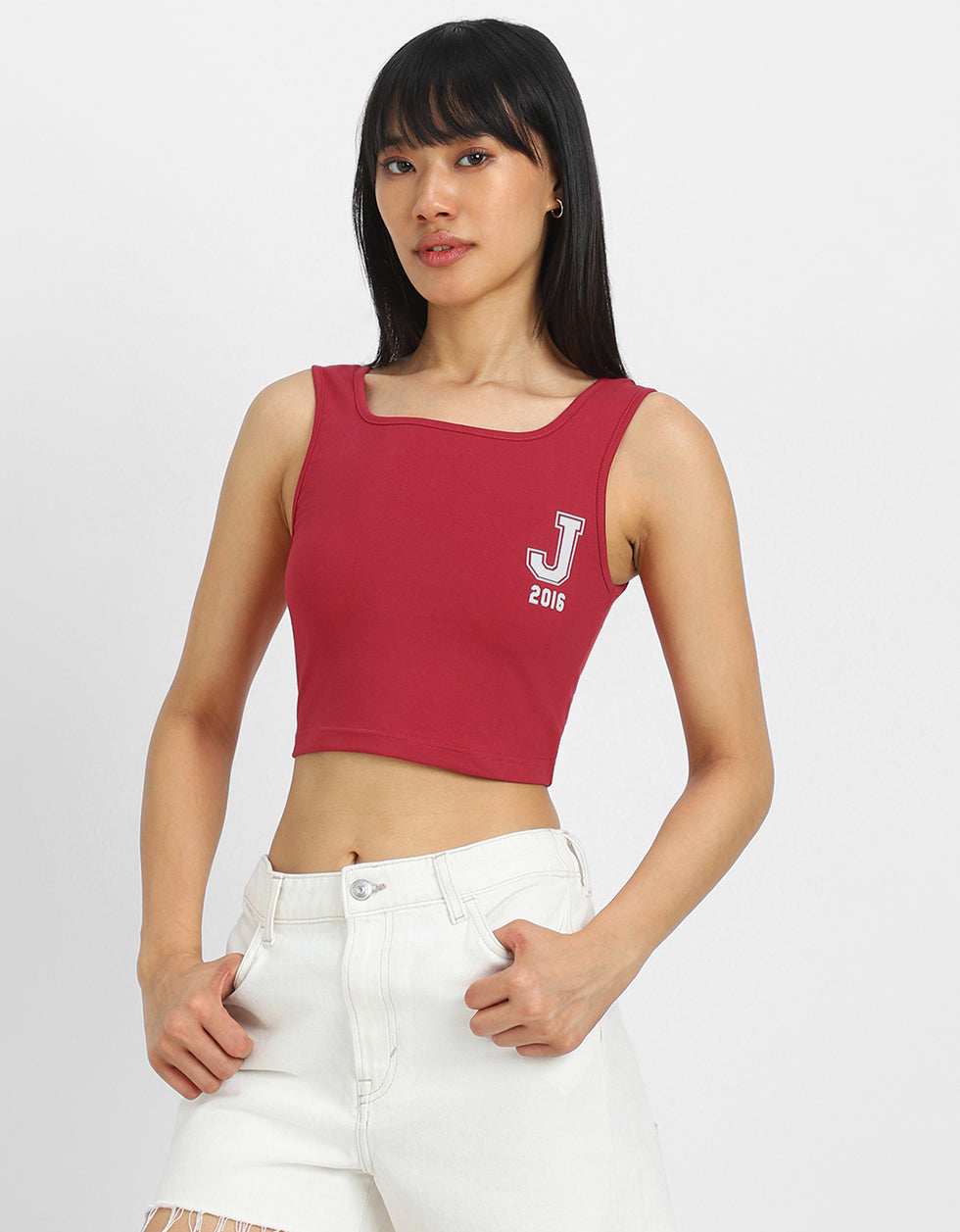 Red Graphic Printed Square Neck Cropped Tank Top