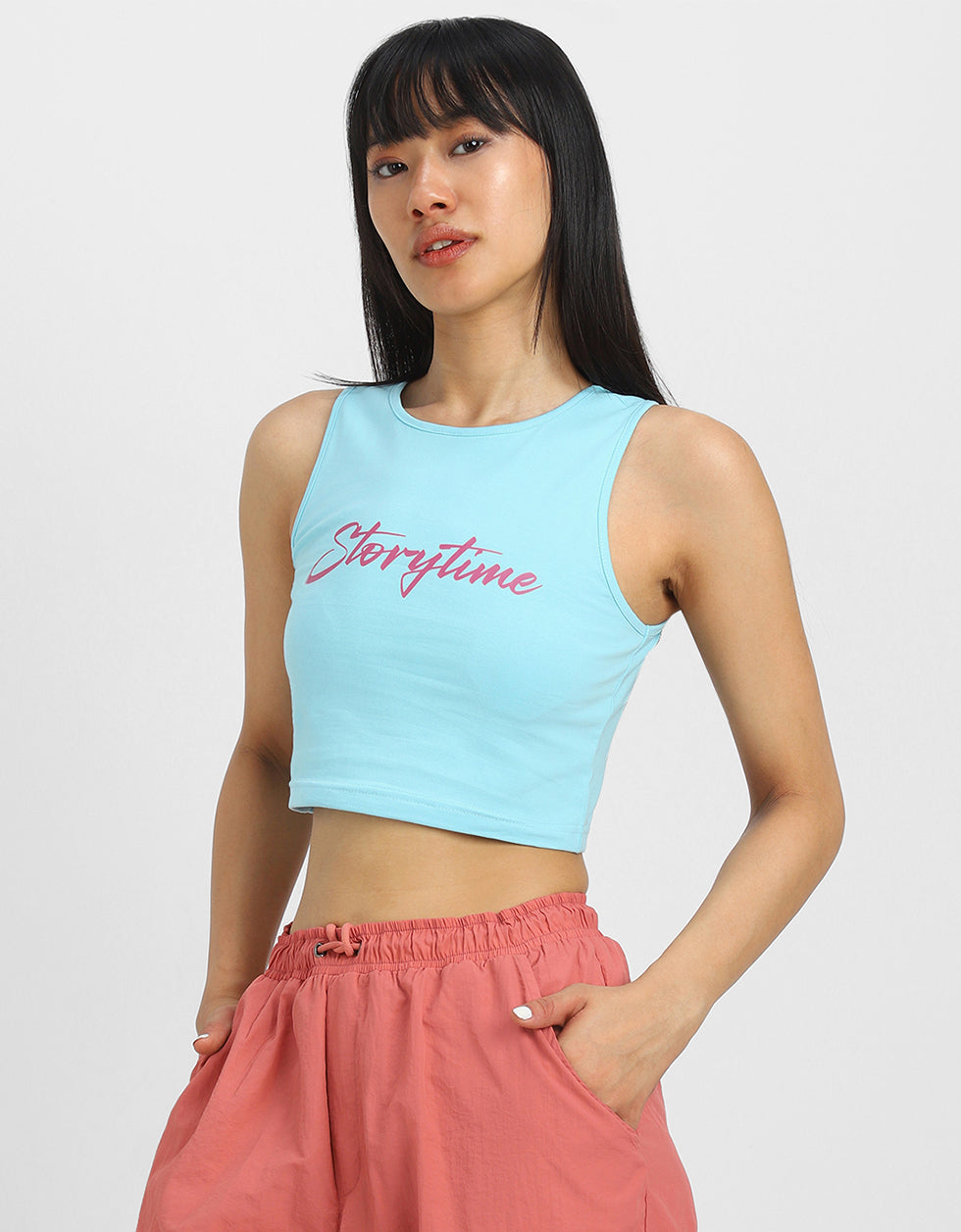 Blue Graphic Printed Round Neck Cropped Tank Top
