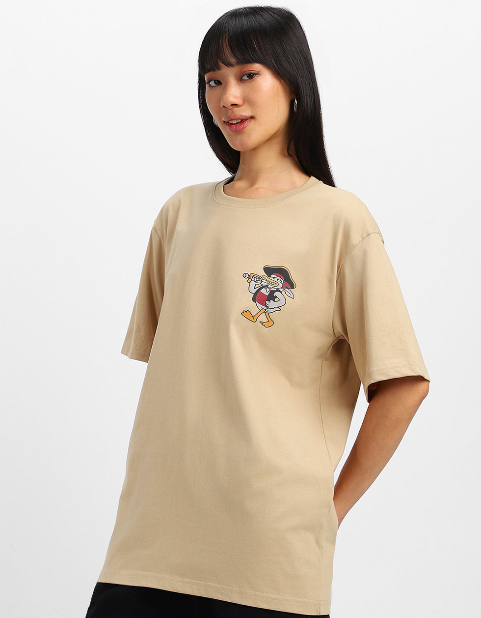 Duck Graphic Printed Beige Oversized T-Shirt