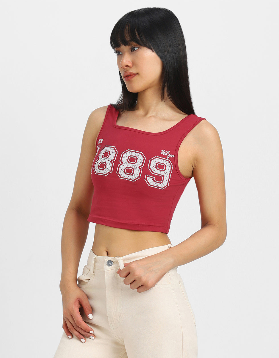 Red Graphic Printed Square Neck Cropped Tank Top