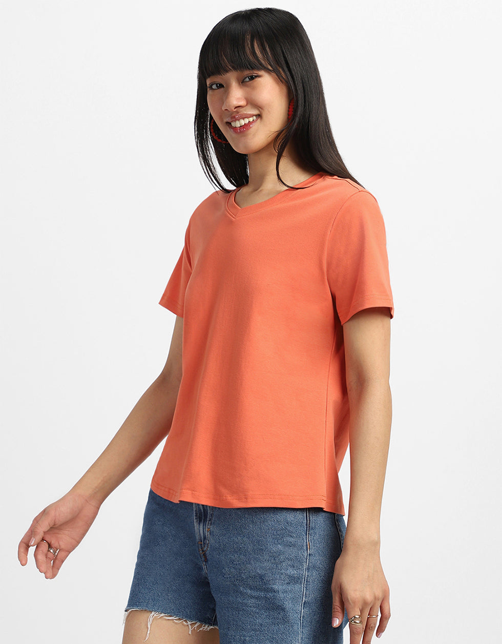 Orange Plain V-Neck Regular Fit T-Shirt
