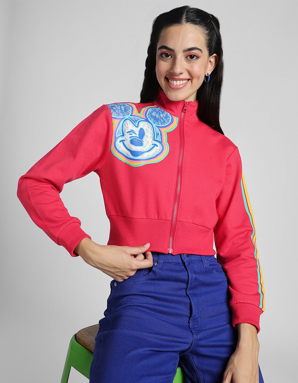 Mickey Mouse Printed Regular Fit Magenta Crop Jacket