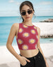 Magenta Printed Round Neck Cropped Tank Top