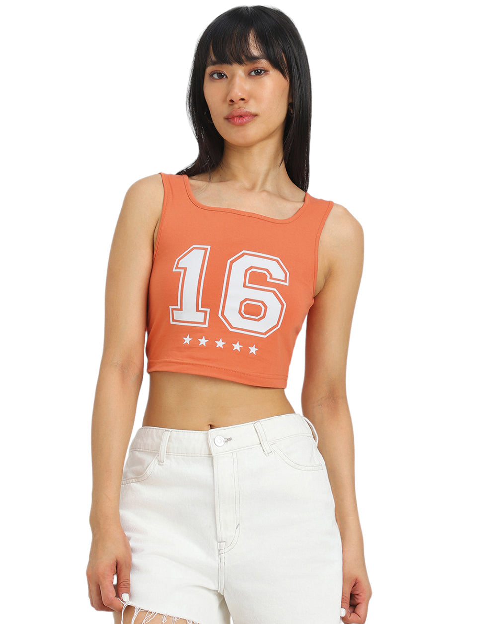 Orange Graphic Printed Square Neck Cropped Tank Top