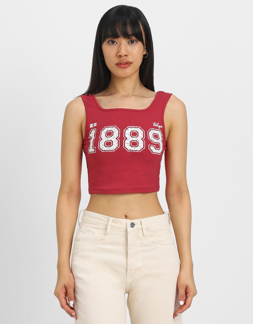 Red Graphic Printed Square Neck Cropped Tank Top