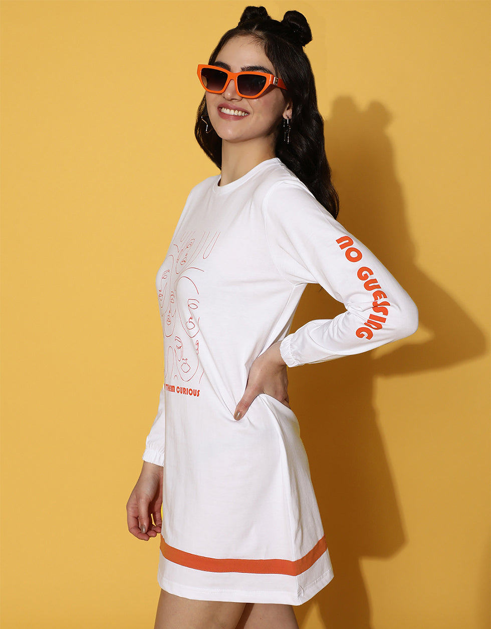 No Guessing Printed Ribbed Full Sleeve Round Neck White T-shirt Dress
