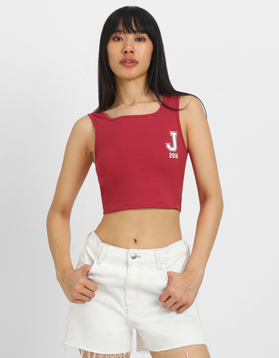 Red Graphic Printed Square Neck Cropped Tank Top