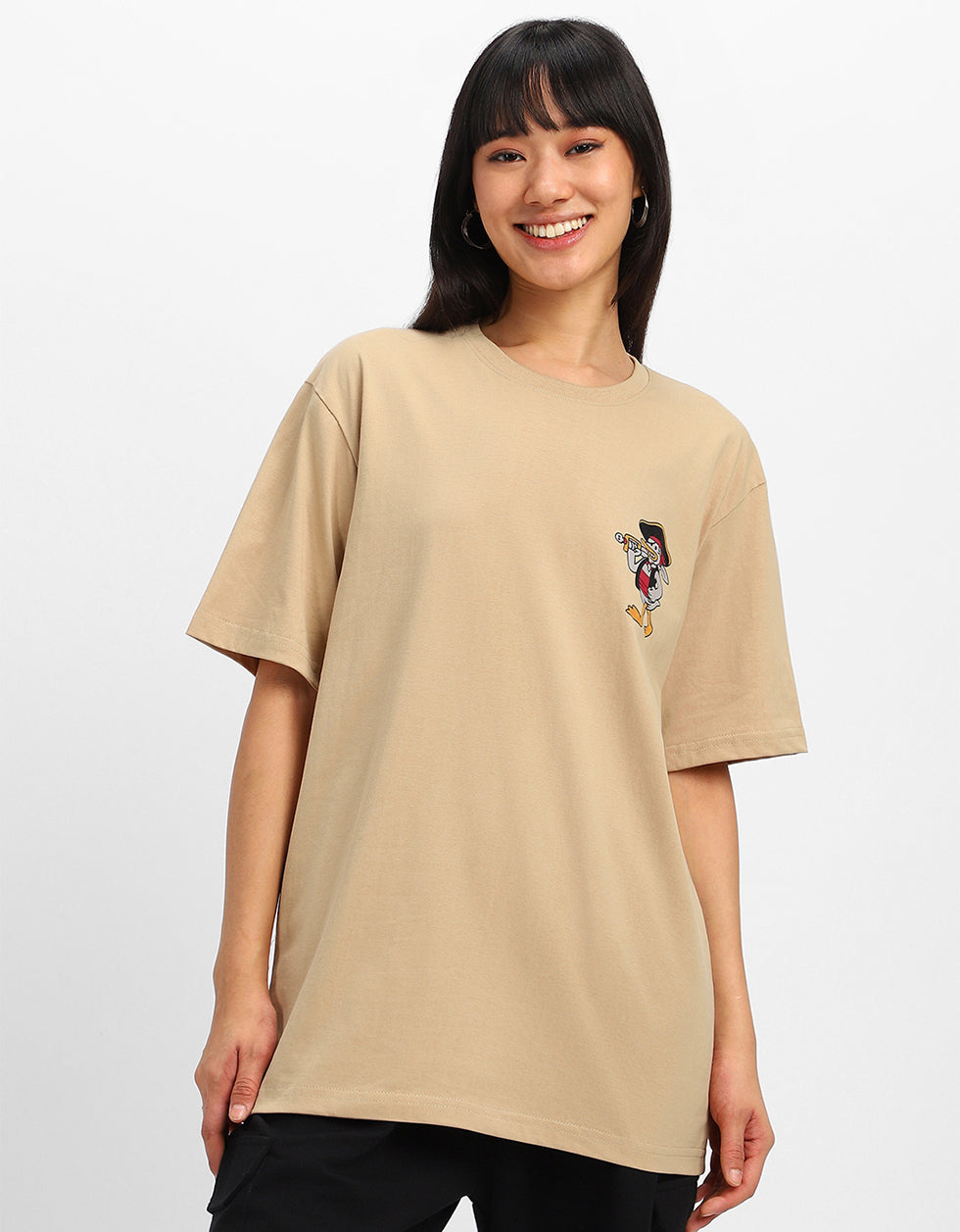 Duck Graphic Printed Beige Oversized T-Shirt