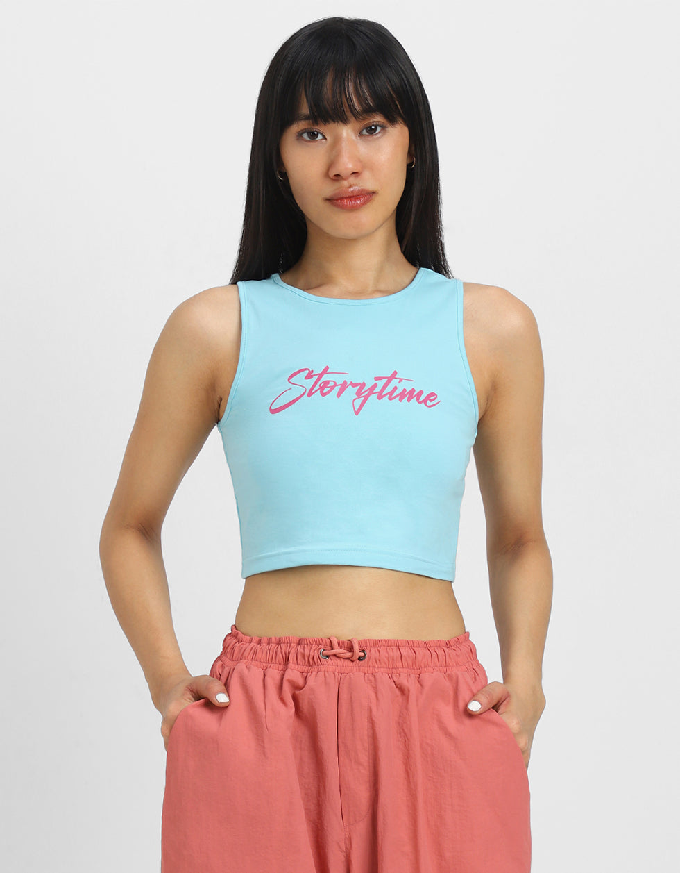 Blue Graphic Printed Round Neck Cropped Tank Top