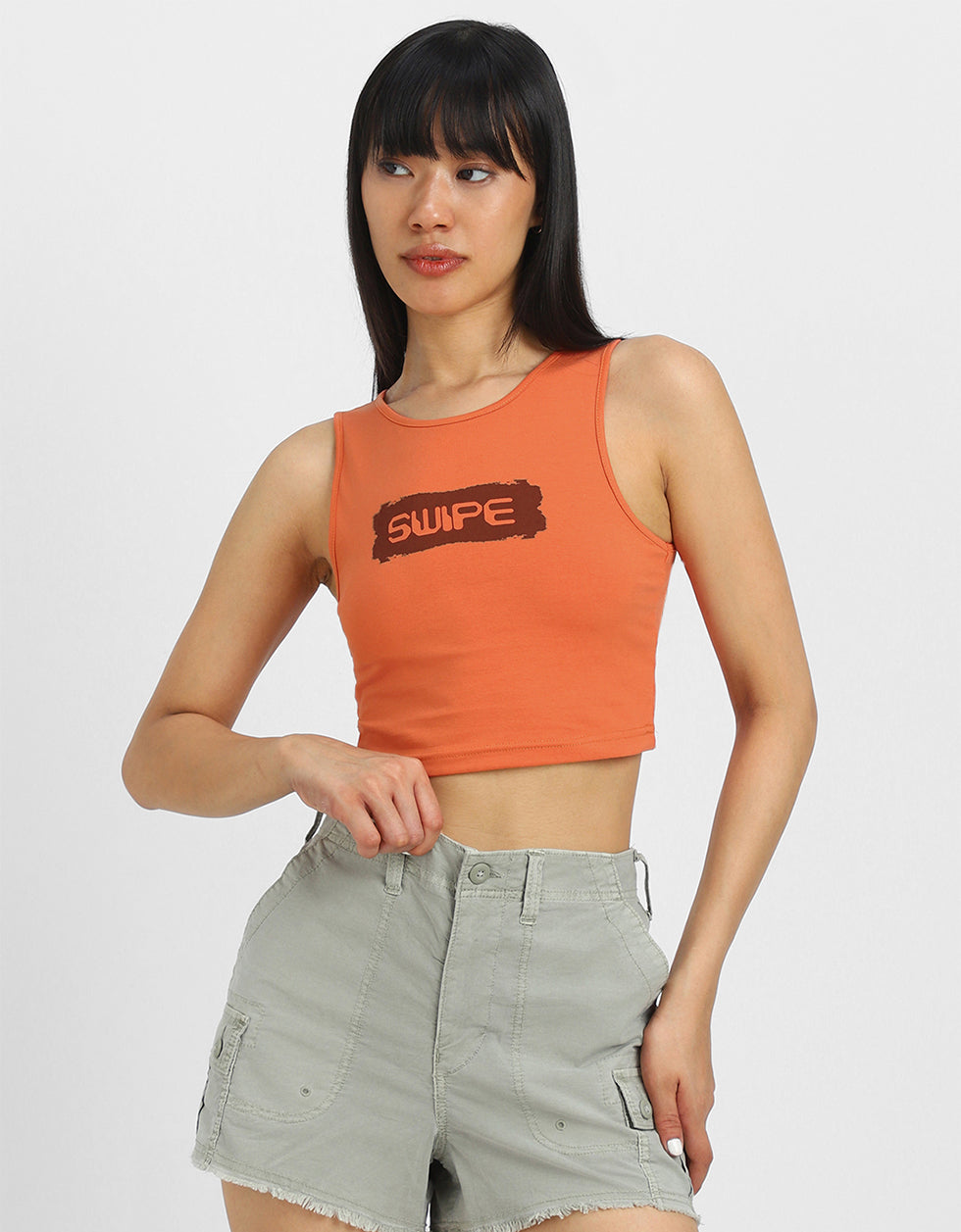 Orange Graphic Printed Round Neck Cropped Tank Top
