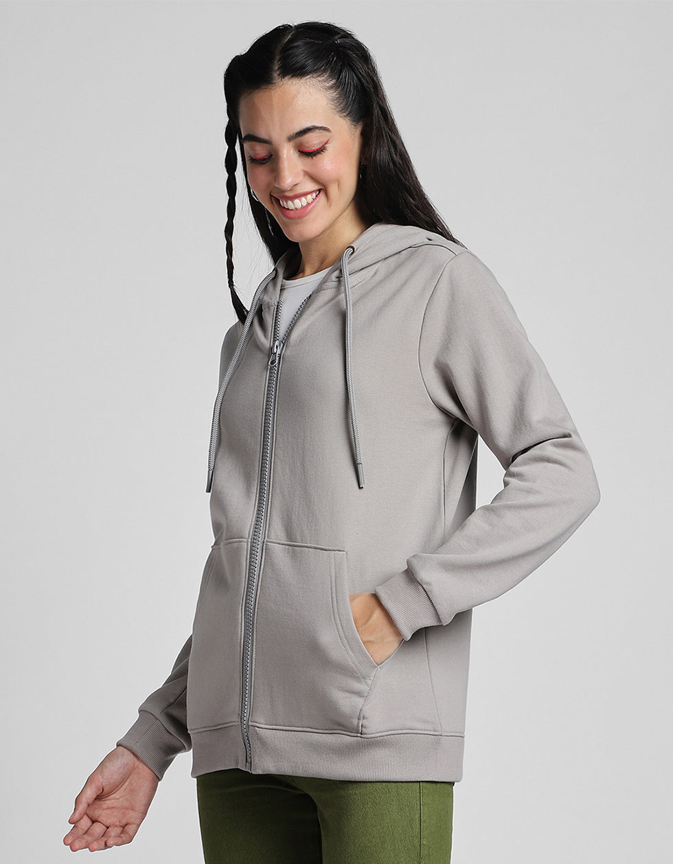 Plain Hooded Regular Fit Grey Zipper Jacket