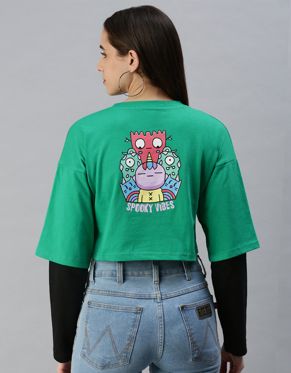 Spooky Vibes Green Typographic Printed Regular Fit Crop Top