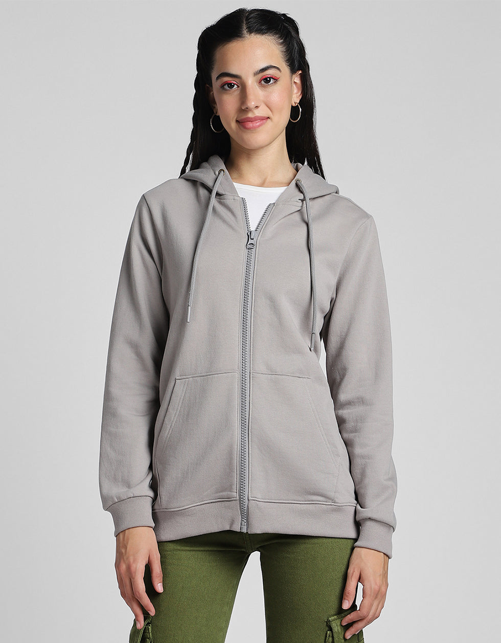 Plain Hooded Regular Fit Grey Zipper Jacket