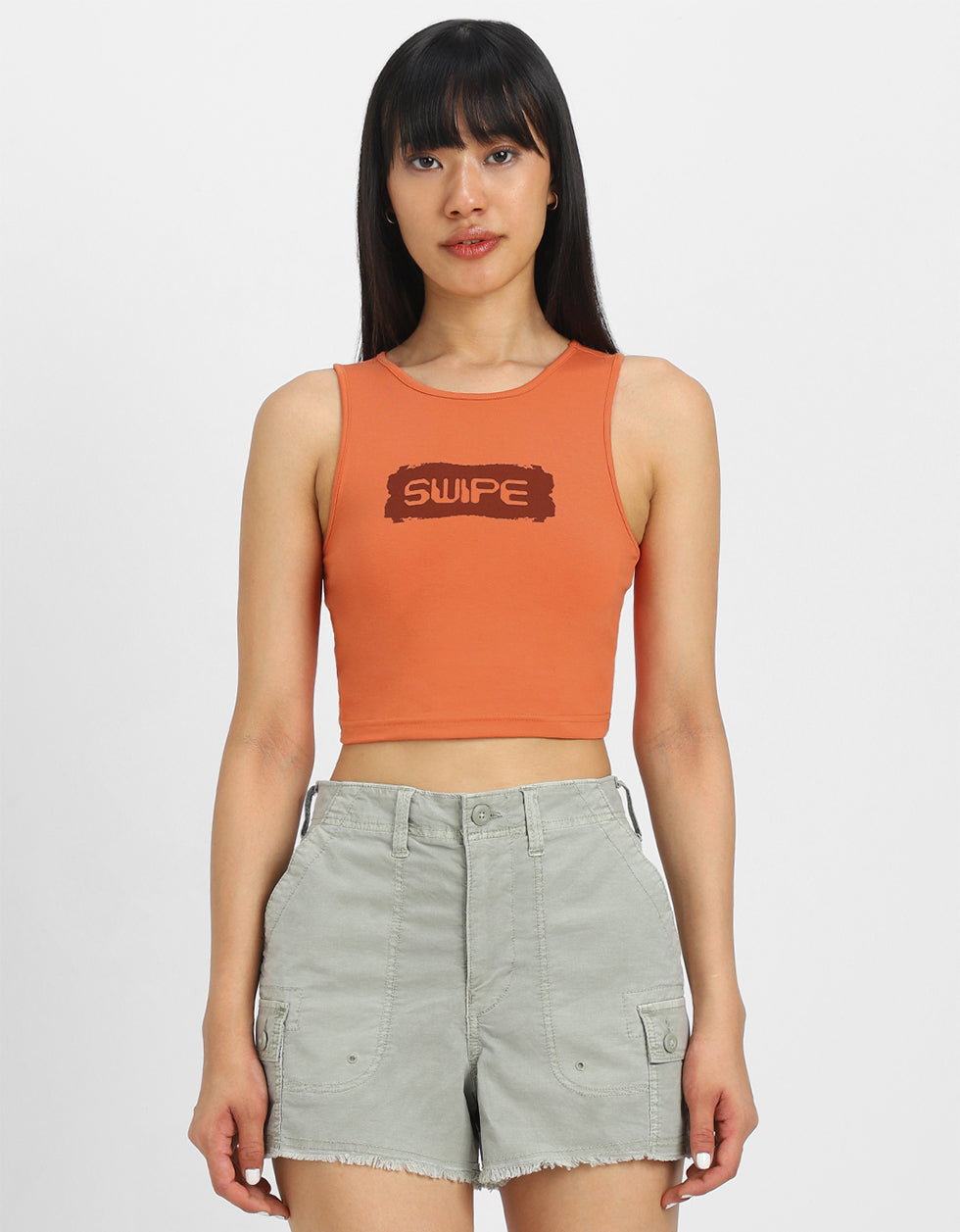Orange Graphic Printed Round Neck Cropped Tank Top