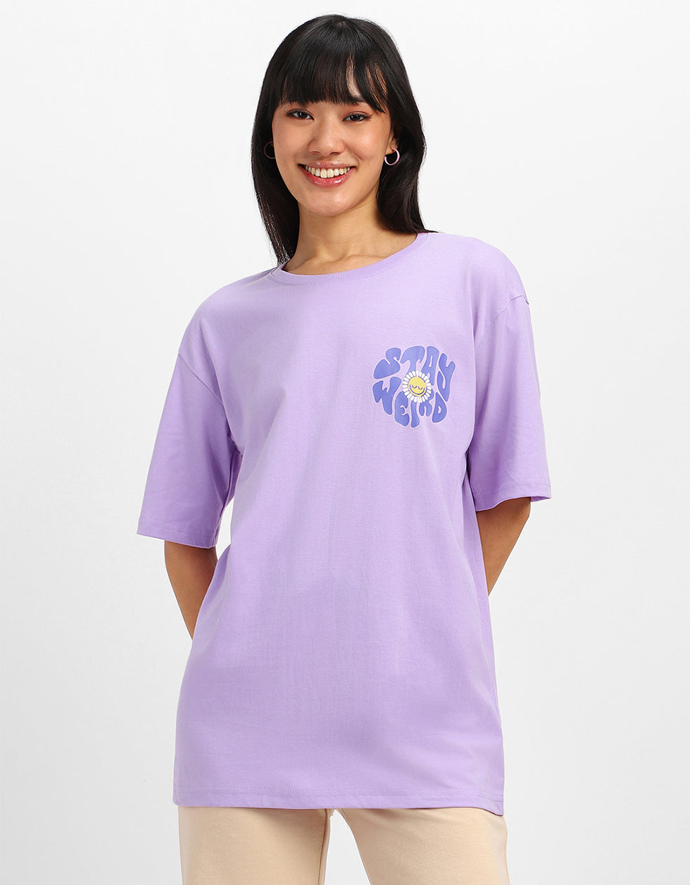 Stay Weird Graphic Printed Lilac Oversized T-Shirt
