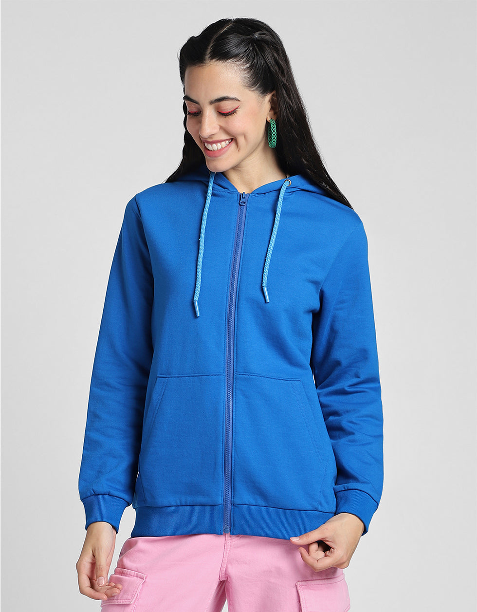 Plain Regular Fit Blue Zipper Jacket