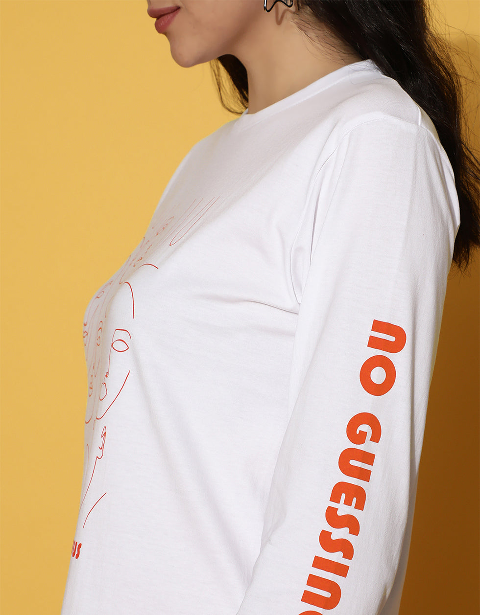 No Guessing Printed Ribbed Full Sleeve Round Neck White T-shirt Dress
