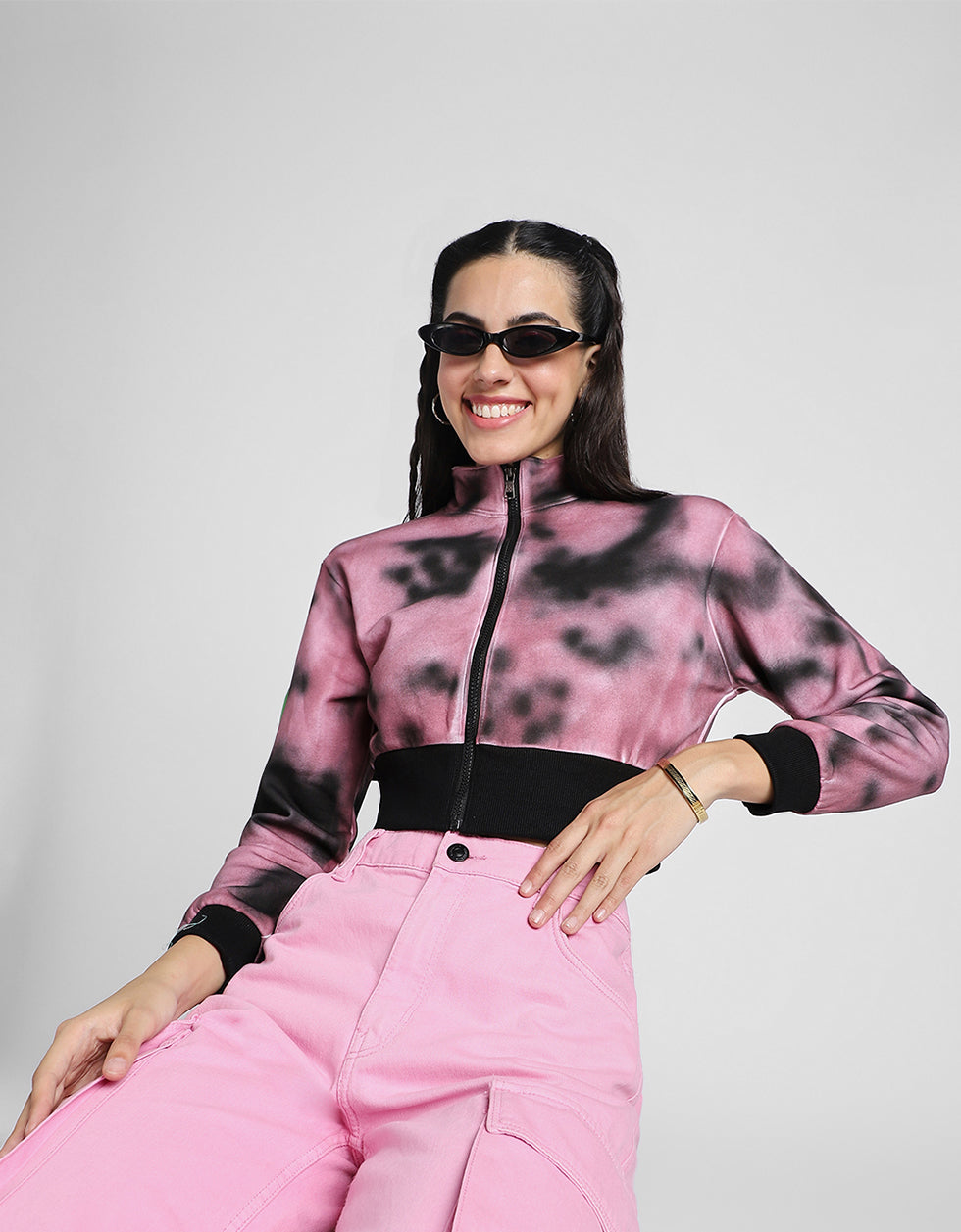 Babe Printed Tie-Dye Regular Fit Purple Zipper Crop Jacket