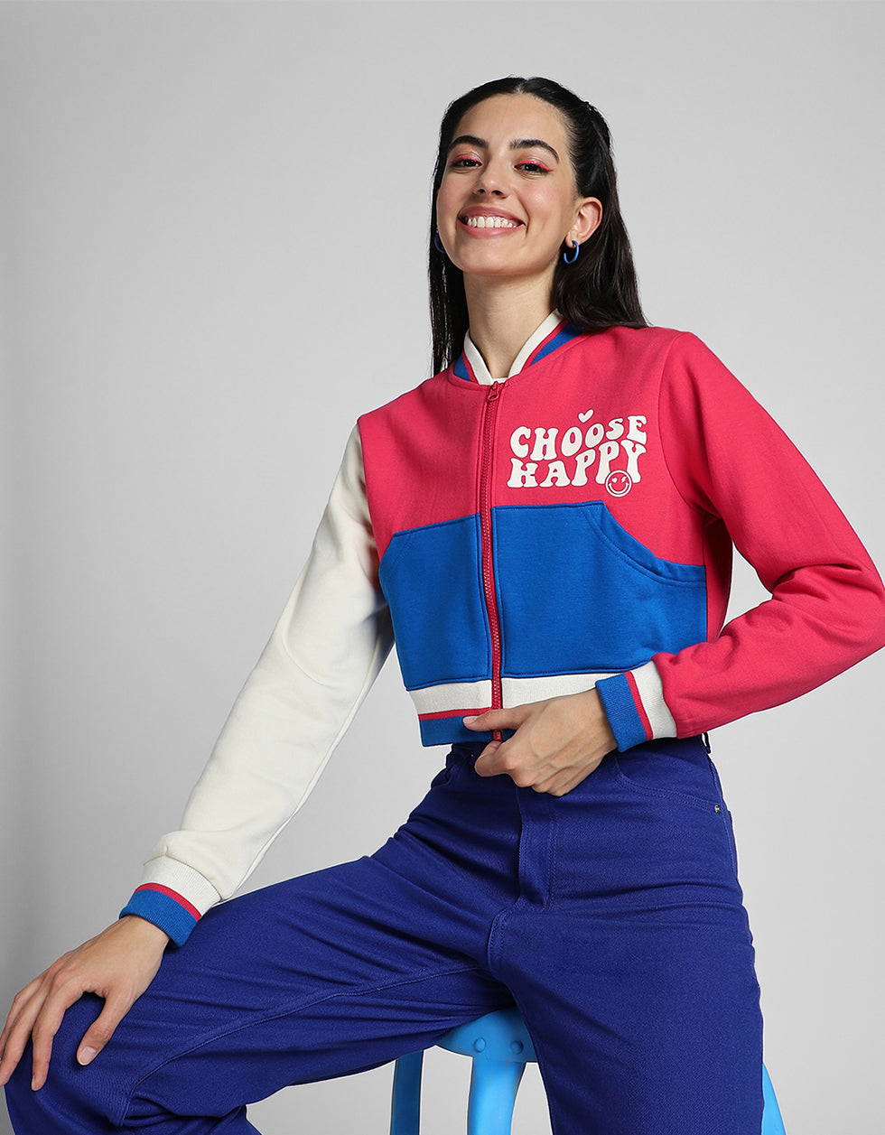 Choose Happy Printed Multicolor Color Blocked Regular Fit Zipper Hoodie