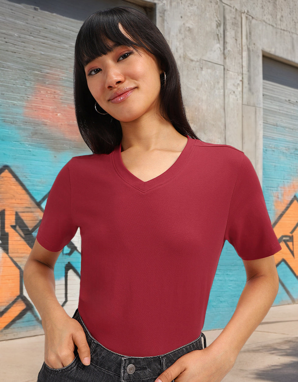 Maroon Plain V-Neck Regular Fit T-Shirt