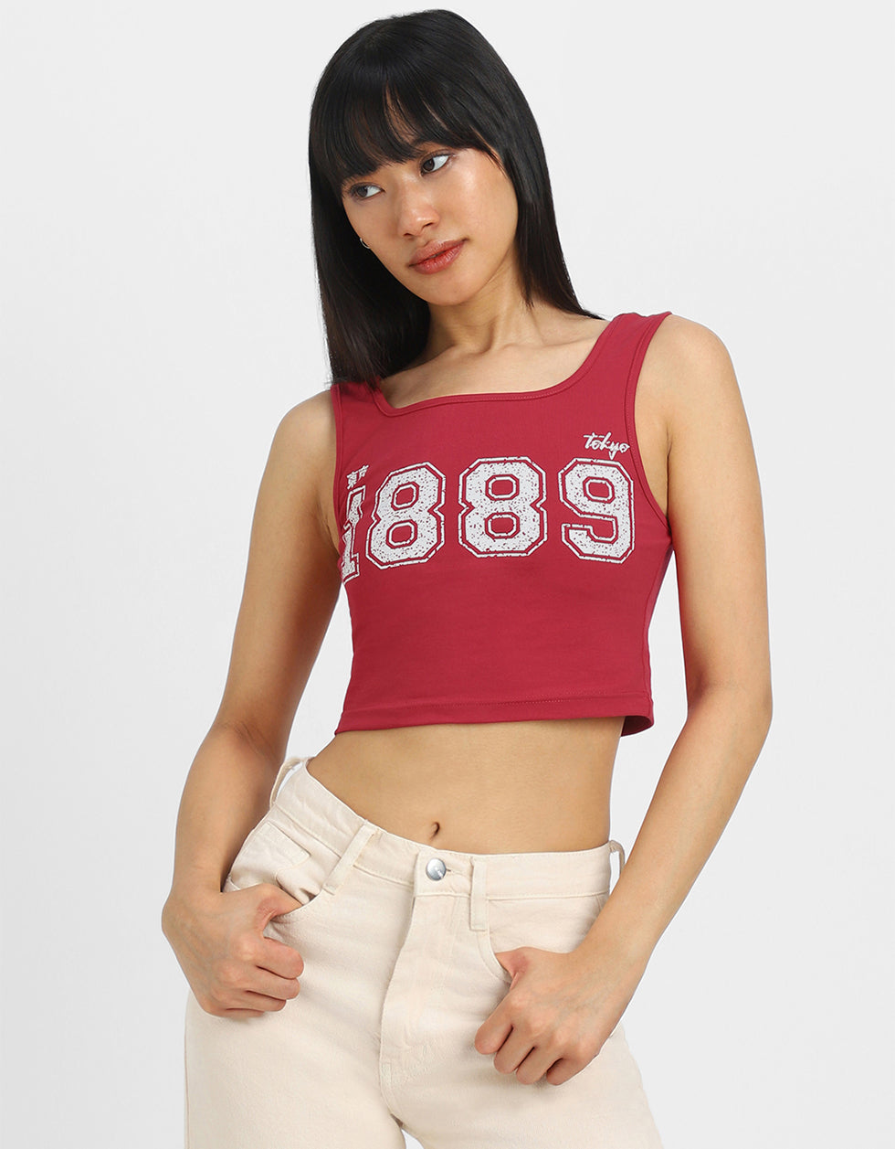 Red Graphic Printed Square Neck Cropped Tank Top