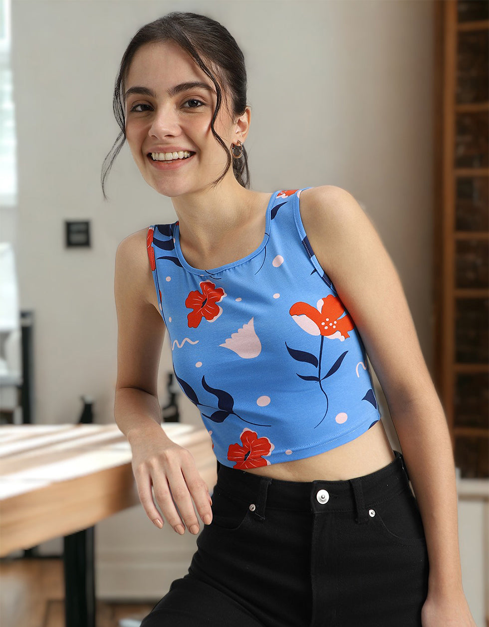 Blue Floral Printed Square Neck Cropped Tank Top