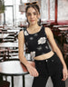 Black Floral Printed Square Neck Cropped Tank Top