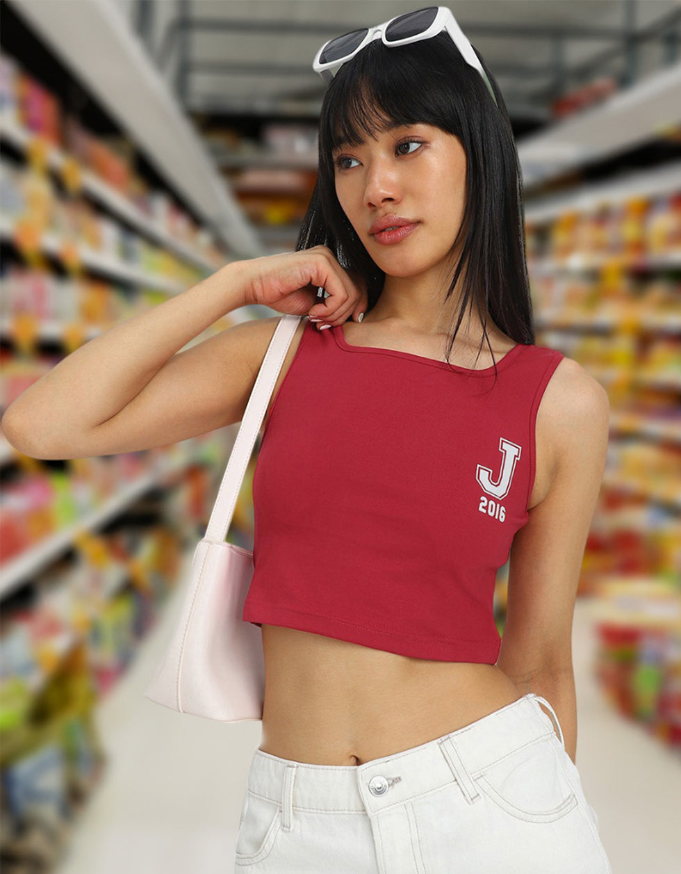 Red Graphic Printed Square Neck Cropped Tank Top