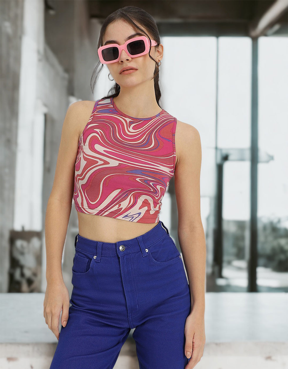 Pink Abstract Printed Round Neck Cropped Tank Top
