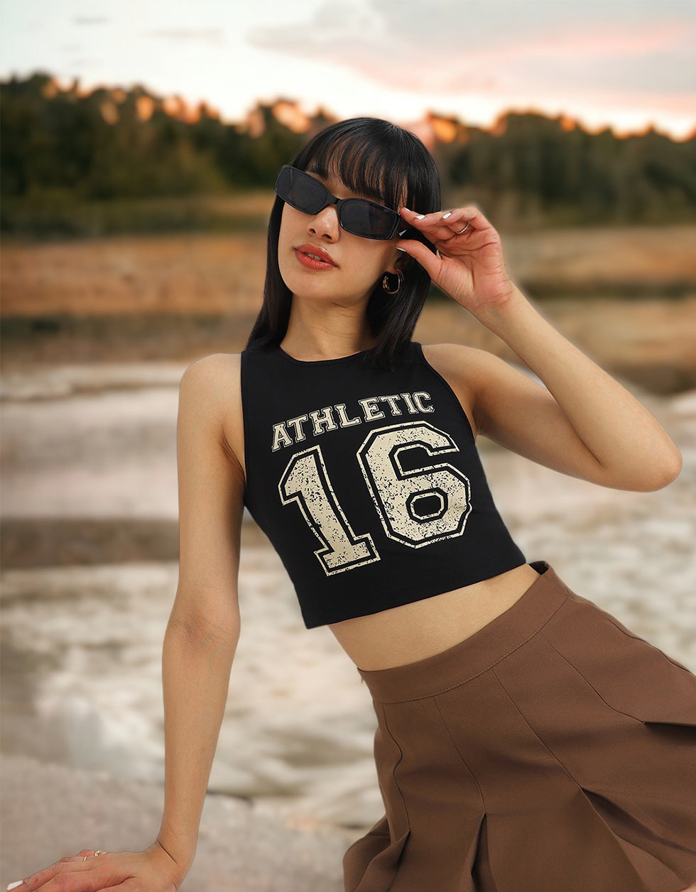 Black Graphic Printed Square Neck Cropped Tank Top