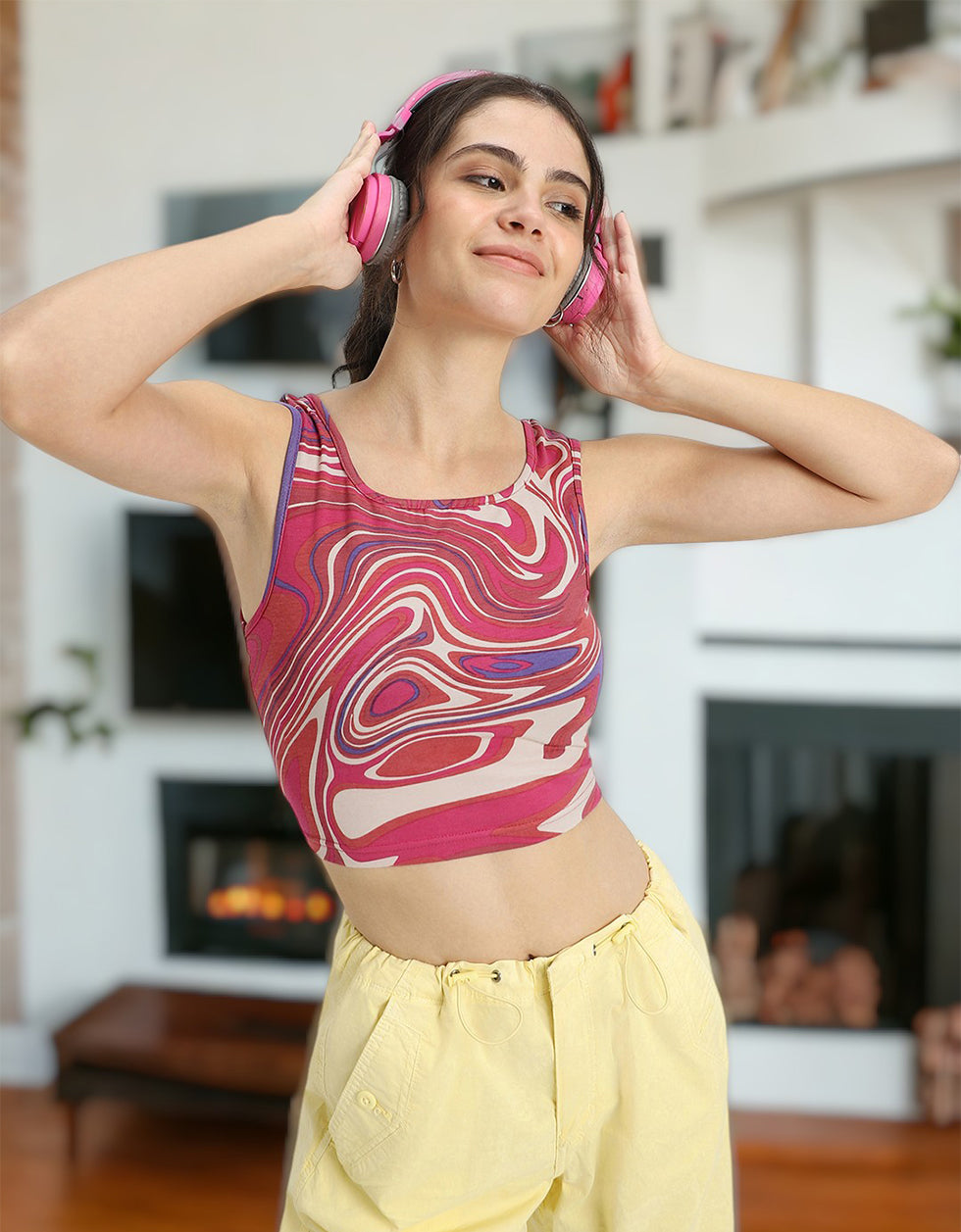 Pink Abstract Printed Round Neck Cropped Tank Top
