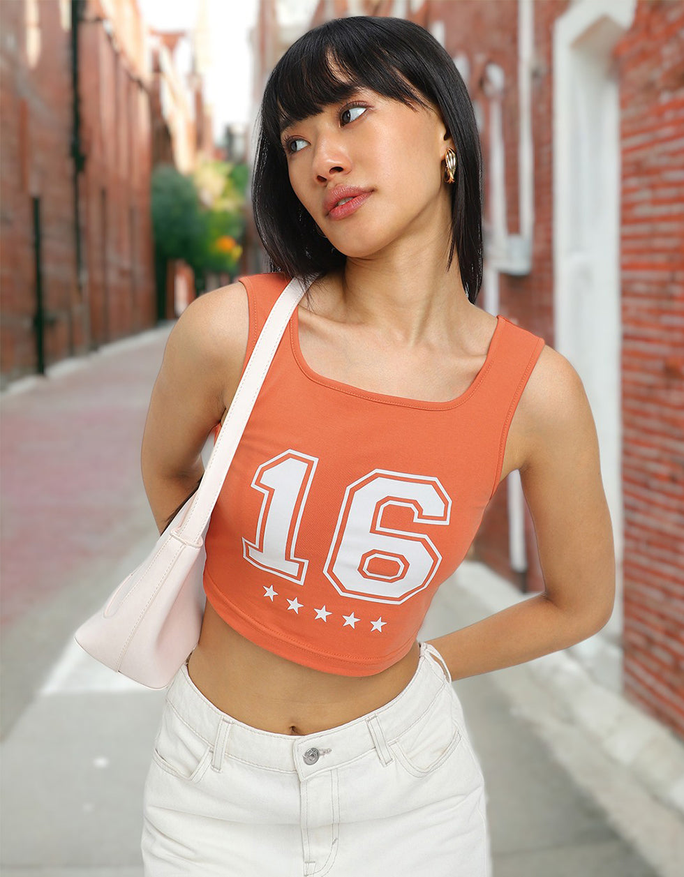 Orange Graphic Printed Square Neck Cropped Tank Top